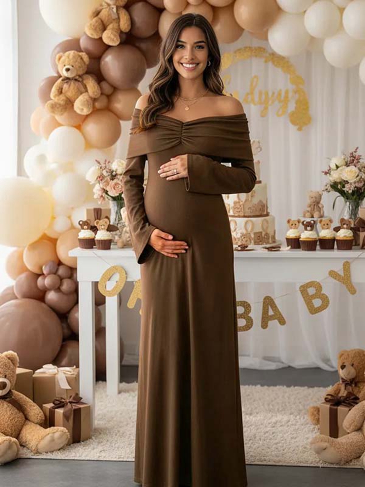 Maternity Wear - 가을 브라운 임부복 사진 촬영용 오프숄더